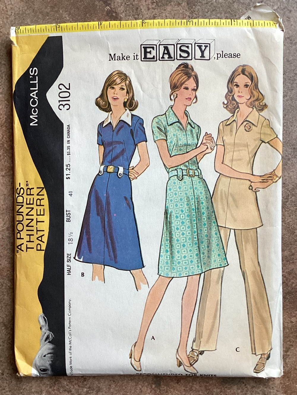 Vintage 1972 McCall's 3102 Sewing Pattern Misses' Dress or Tunic & Pants 70s